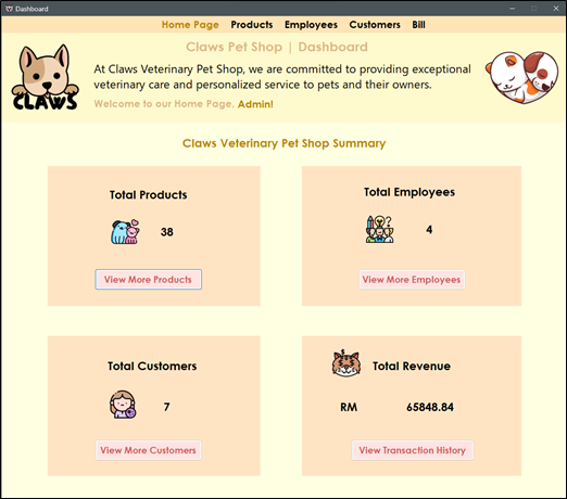Claws Pet Shop Management System's Home Page